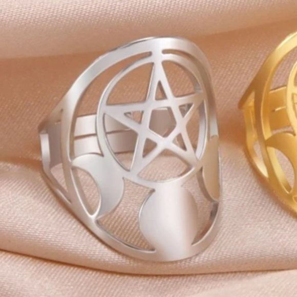 🔮 2 for $40 🔮 Witchy Pentagram Moon Phase Stainless Steel Adjustable Ring - Picture 3 of 6